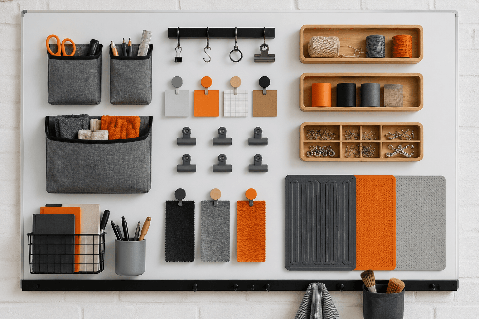 A workshop whiteboard arranged with ordinary non-electronic household tidy items